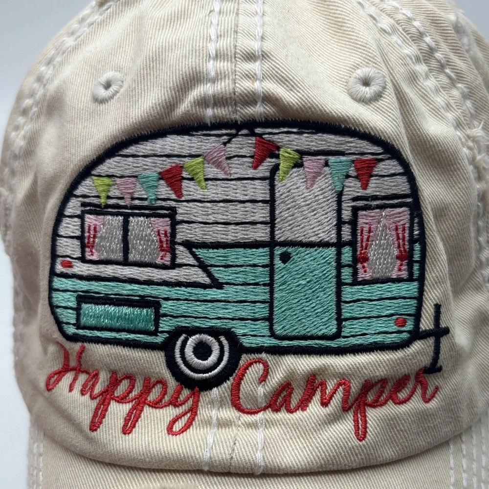 Kbethos Vintage Happy Camper Embroidered Off white Cap Adjustable HT8786
